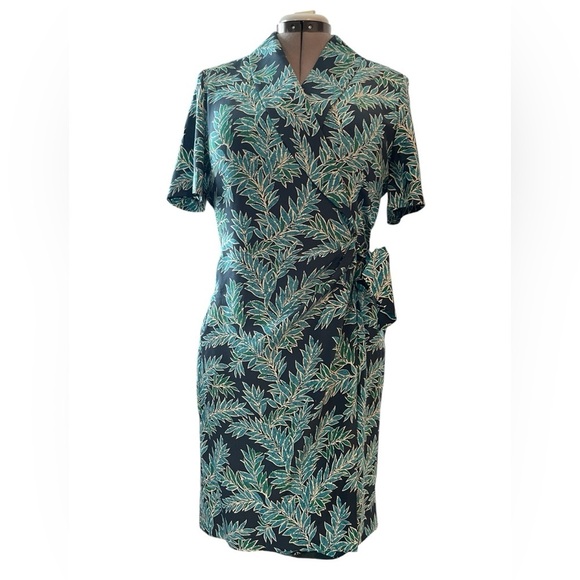 Adrianna Papell Vintage 100% Silk Wrap Tie Midi Dress Size 8| Teal Blue Tropical - Picture 5 of 9